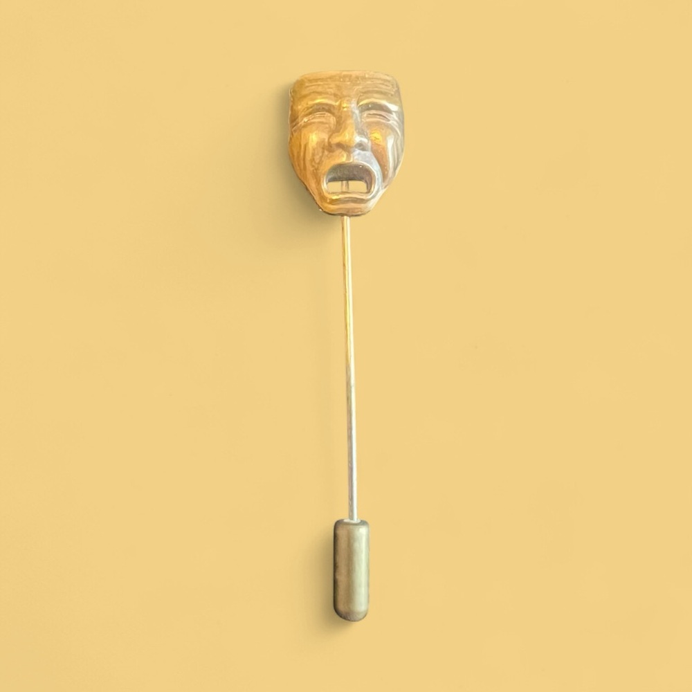 Early Brass Comedy Tragedy Face Mask Vintage Theatre Stick Pin Lapel Pin